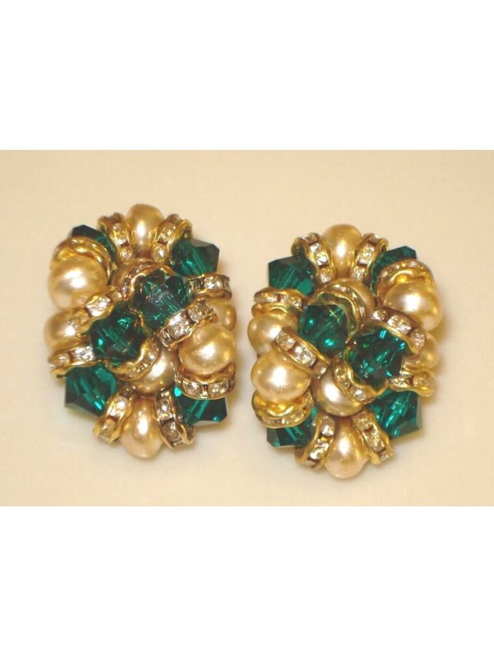 Vintage 80's Francois Montague Large Green, Pearl & Rhinestone Clip On Earrings